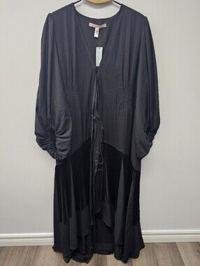 Women's Black Fringe Maxi Dress with Tie Front